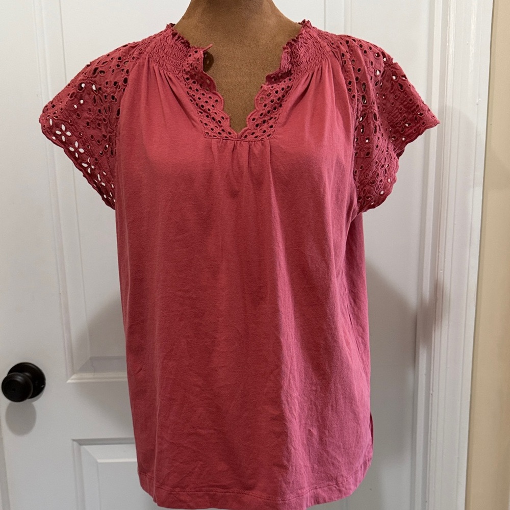 LOFT Smocked Blouse with Crochet-Lace Eyelet Sleeves in Dark Pink Y2K